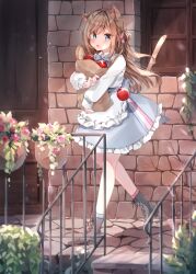 Rule 34 | 1girl, animal ears, apple, bag, blue eyes, blush, brown hair, building, cat ears, cat tail, day, dress, extra ears, food, fruit, heripiro, highres, long hair, looking at viewer, open mouth, original, outdoors, paper bag, solo, tail