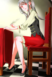 Rule 34 | 1girl, anna (sennen sensou aigis), bad id, bad pixiv id, black footwear, chair, checkered floor, from side, full body, high heels, holding, imazui (sasachi), long hair, long sleeves, looking at viewer, looking to the side, no socks, pencil skirt, quill, red eyes, red skirt, sennen sensou aigis, shoes, sidelocks, silver hair, sitting, skirt, smile, solo, wristband, writing