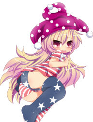 Rule 34 | 1girl, alternate legwear, american flag dress, american flag legwear, ass, blonde hair, clownpiece, dress, hat, jester cap, long hair, muuba, open mouth, panties, red eyes, short dress, simple background, smile, solo, striped clothes, striped dress, thighhighs, touhou, underwear, very long hair