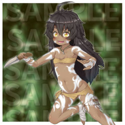 Rule 34 | 1girl, ahoge, bandeau, black hair, blush, border, brown bandeau, commentary request, dagger, dark-skinned female, dark skin, flat chest, foot out of frame, foot wraps, hair between eyes, holding, holding dagger, holding knife, holding weapon, jewelry, kitsunerider, knife, long hair, looking at viewer, messy hair, navel, necklace, open mouth, original, reverse grip, sample watermark, smile, solo, tan, tooth necklace, tribal, watermark, weapon, white border, yellow eyes