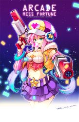 Rule 34 | 1girl, aiming, aiming at viewer, alternate costume, arcade (league of legends), belt, breasts, blowing bubbles, chewing gum, cleavage, dual wielding, gun, hat, heart, holding, hood, hoodie, league of legends, looking at viewer, midriff, miss fortune (league of legends), moonblue, nail polish, navel, pink hair, skirt, sleeveless, solo, star (symbol), stomach, weapon