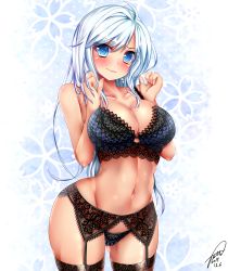 Rule 34 | 10s, 1girl, 2015, ahoge, bare arms, bare shoulders, black bra, black panties, blue eyes, blush, bra, breasts squeezed together, breasts, cleavage, cowboy shot, curvy, dated, earrings, female focus, floral background, flower earrings, groin, highres, hip focus, jewelry, jotti, large breasts, lingerie, lips, long hair, looking at viewer, navel, panties, phantasy star, phantasy star online 2, solo, standing, stomach, underwear, underwear only, urako (jotti), wavy mouth, white hair, wide hips