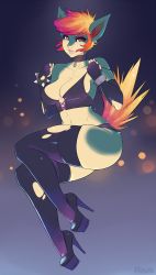 Rule 34 | 1girl, animal ears, black gloves, black thighhighs, bracelet, breasts, bustier, choker, cleavage, colored skin, creatures (company), ear piercing, earrings, elbow gloves, fiery tail, fingerless gloves, freckles, full body, furry, furry female, game freak, gen 2 pokemon, gloves, gradient hair, green skin, high heels, highres, jewelry, lipstick, live for the funk, looking at viewer, makeup, multicolored hair, multicolored skin, nintendo, nose, orange hair, pendant, personification, piercing, pokemon, quilava, red eyes, red hair, ring, short hair, skindentation, solo, spiked bracelet, spikes, stiletto heels, tail, thick lips, thick thighs, thighhighs, thighs, torn clothes, torn gloves, torn thighhighs, two-tone skin, yellow skin