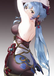 Rule 34 | absurdres, armpits, arms up, ass, back, backless outfit, bell, black pantyhose, blue hair, blush, bow, breasts, chinese knot, commentary, elbow gloves, flower knot, from behind, ganyu (genshin impact), genshin impact, gloves, gold trim, highres, horns, kawa683, long hair, looking at viewer, low ponytail, medium breasts, pantyhose, purple eyes, sideboob, sleeveless, solo, standing, sweat, tassel, thighlet, thighs, vision (genshin impact), waist cape, white gloves