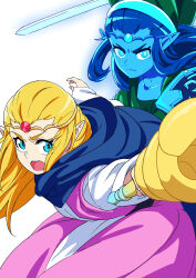 Rule 34 | 2girls, absurdres, blonde hair, blue eyes, dress, dual persona, green tunic, hat, highres, hood, hylian shield, magho, multiple girls, nintendo, pointy ears, princess zelda, shield, sword, the legend of zelda, the legend of zelda: echoes of wisdom, tunic, weapon