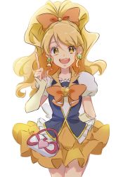 Rule 34 | 1girl, :d, blonde hair, brooch, commentary request, cure honey, earrings, eyelashes, fpminnie1, hair ornament, hair ribbon, happinesscharge precure!, happy, heart, heart brooch, highres, jewelry, long hair, looking at viewer, magical girl, oomori yuuko, open mouth, ponytail, precure, puffy short sleeves, puffy sleeves, ribbon, short sleeves, simple background, sketch, skirt, smile, solo, standing, vest, white background, yellow eyes, yellow skirt