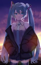 Rule 34 | 1girl, backlighting, black coat, black skirt, black thighhighs, blue eyes, blue hair, blue necktie, closed mouth, coat, collared shirt, cowboy shot, dusk, frown, grey shirt, hair between eyes, hair ornament, hatsune miku, highres, lens flare, long hair, looking at viewer, miniskirt, necktie, off shoulder, open clothes, open coat, outdoors, p2 (uxjzz), pleated skirt, shiny clothes, shiny legwear, shirt, skirt, sleeveless, sleeveless shirt, sleeves past fingers, sleeves past wrists, solo, standing, thighhighs, twintails, very long hair, vocaloid, wing collar, zettai ryouiki
