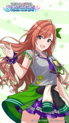 Rule 34 | 1girl, :d, arisugawa natsuha, brown eyes, brown hair, clothes around waist, copyright name, cowboy shot, dress shirt, floating hair, green ribbon, grey shirt, hair ribbon, highres, idolmaster, idolmaster shiny colors, long hair, looking at viewer, miniskirt, open mouth, pleated skirt, purple neckwear, purple scrunchie, purple skirt, ribbon, scrunchie, shirt, short sleeves, skirt, smile, solo, standing, sweater, sweater around waist, very long hair, wrist scrunchie