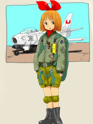 Rule 34 | 1girl, aircraft, airplane, annaka haruna, bomber jacket, boots, bow, f-86, hair bow, highres, hyakute gyojin, jacket, knee pads, nichijou, oversized clothes, parachute, pilot, shorts, solo