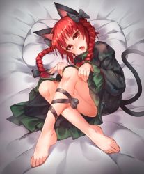 Rule 34 | 1girl, :&gt;, animal ears, asrielchu, barefoot, black bow, black ribbon, bow, braid, cat ears, cat tail, clothes lift, commentary request, dress, dress lift, feet, frilled dress, frilled sleeves, frills, green dress, hair bow, highres, juliet sleeves, kaenbyou rin, leg ribbon, lifting own clothes, long hair, long sleeves, looking at viewer, lying, multiple tails, nekomata, on bed, pillow, puffy sleeves, red eyes, red hair, ribbon, smile, tail, touhou, twin braids