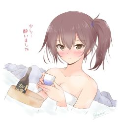 Rule 34 | 1girl, alcohol, basin, bathing, bottle, brown eyes, brown hair, commentary request, kaga (kancolle), kantai collection, long hair, looking at viewer, one-hour drawing challenge, rock, sake, shizuna kaede, side ponytail, smile, solo, translation request, white background