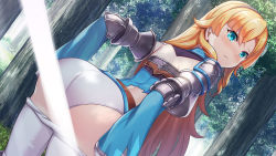 Rule 34 | 1girl, armor, artwhirl mahou gakuen no otome-tachi, blonde hair, blue eyes, blue shirt, blue sleeves, blush, boobplate, breastplate, breasts, closed mouth, clothes pull, day, dutch angle, emerane, forest, frown, game cg, grey hairband, hairband, leaning forward, long hair, long sleeves, looking at viewer, medium breasts, nature, outdoors, panties, pants, pants pull, pulled by self, shirt, shoulder armor, solo, sunlight, torn clothes, torn shirt, underwear, undressing, vanessa (artwhirl), very long hair, white panties, white pants