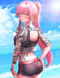 Rule 34 | 1girl, arm tattoo, back, black shorts, blush, commentary, dolphin shorts, earclip, english commentary, highres, hololive, hololive english, long hair, looking at viewer, looking back, mori calliope, ocean, pink hair, ponytail, red eyes, shorts, sk jynx, solo, sun, tank top, tattoo, very long hair, virtual youtuber