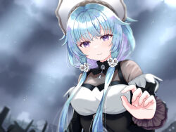 1girl black_choker blue_hair blurry blurry_background blush bonnet breasts choker closed_mouth commentary_request dot_nose dress flower frills grey_gemstone hair_flower hair_ornament hand_up highres large_breasts layered_sleeves light_blue_hair light_smile long_hair long_sleeves looking_at_viewer low-tied_sidelocks magia_record:_mahou_shoujo_madoka_magica_gaiden magical_girl mahou_shoujo_madoka_magica medium_hair outdoors purple_eyes ruins sena_mikoto sidelocks solo soul_gem suzugahama upper_body