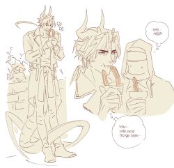 Rule 34 | 1boy, 1other, :t, ambiguous gender, arknights, chewing, chong yue (arknights), collared jacket, commentary request, doctor (arknights), dragon boy, dragon horns, dragon tail, earrings, eating, facing another, floating hair, food, food on face, food request, full body, hands up, horns, jacket, jewelry, jjeobjjeobdogta (wjqwjqehrxk), korean commentary, korean text, long hair, long sleeves, long tail, low ponytail, male focus, mask, monochrome, open mouth, pants, pointy ears, shoes, simple background, standing, tail, thought bubble, translation request, white background, yellow theme
