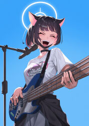 Rule 34 | 1girl, absurdres, alfie (tmdals7645), animal ears, black choker, black hair, blue archive, blush, breasts, cat ears, choker, closed eyes, colored inner hair, commentary request, electric guitar, extra ears, guitar, highres, holding, holding instrument, instrument, kazusa (band) (blue archive), kazusa (blue archive), medium breasts, microphone, microphone stand, multicolored hair, music, open mouth, pink hair, playing instrument, pleated skirt, shirt, short hair, short sleeves, skirt, smile, solo, white shirt, white skirt