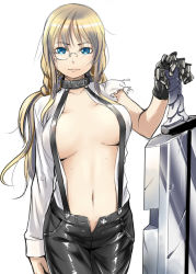 Rule 34 | 1girl, blonde hair, blue eyes, collar, glasses, gloves, huge weapon, leather, leather pants, long hair, mole, mole under eye, navel, no bra, open clothes, open fly, open shirt, pants, shirt, single glove, sody, solo, suspenders, sword, unzipped, weapon