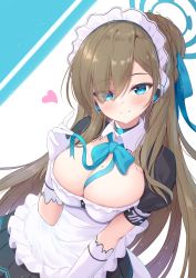 Rule 34 | 1girl, asuna (blue archive), bad id, bad twitter id, between breasts, blue archive, blue eyes, blush, breasts, brown hair, cleavage, gloves, halo, headphones, highres, large breasts, maid, maid headdress, mikaze oto, mole, mole on breast, portrait, ribbon, simple background, smile, solo