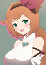 Rule 34 | 1girl, :d, bare shoulders, blush, breasts, brown hair, brown hairband, clarisse (granblue fantasy), colored shadow, drop shadow, granblue fantasy, green eyes, hair intakes, hair ribbon, hairband, highres, long hair, low ponytail, medium breasts, open mouth, red ribbon, ribbon, shadow, shirt, sleeveless, sleeveless shirt, smile, solo, uneg, upper body, white shirt