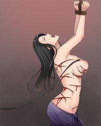 Rule 34 | 1girl, artist request, black hair, blood, blush, bound, breasts, brown background, closed eyes, gradient background, grey background, groin, highres, huieii, large breasts, long hair, navel, nico robin, nipples, no bra, one piece, open mouth, pain, restrained, screaming, shiny skin, simple background, solo, sweat, tears, tied up, topless, torture, whip, whipping