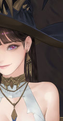 Rule 34 | 1girl, absurdres, black hat, blunt bangs, chain, chain necklace, character request, daeho cha, earrings, hat, highres, hime cut, jewelry, lips, long hair, necklace, pink lips, purple eyes, smile, solo, tagme, witch hat