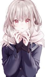 Rule 34 | 1girl, blue coat, blue sailor collar, breathing, coat, cold, commentary, fingernails, grey hair, hands up, highres, long hair, long sleeves, looking at viewer, misumi (macaroni), open mouth, original, red eyes, sailor collar, scarf, school uniform, simple background, sleeves past wrists, solo, upper body, white background, white scarf