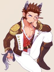 Rule 34 | 1boy, animal ears, bad id, bad twitter id, blue eyes, blush, brown hair, cigar, facial hair, fate/grand order, fate (series), goatee, holding, holding cigar, jacket, kemonomimi mode, large pectorals, long sleeves, male focus, mature male, napoleon bonaparte (fate), open clothes, open jacket, pectoral cleavage, pectorals, shitappa, sideburns, smile, solo, tail, toned, toned male, wolf boy, wolf ears, wolf tail