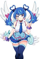 Rule 34 | 1girl, absurdres, blue angel, blue hair, blue skirt, blue thighhighs, breasts, clover facial mark, collared shirt, earrings, heart, heart earrings, highres, jewelry, large breasts, looking at viewer, multicolored hair, pon tanuki (ga7fsrge9jxblaw), purple eyes, shirt, skirt, sleeveless, sleeveless shirt, smile, solo, standing, streaked hair, thighhighs, transparent background, twintails, white shirt, wings, yu-gi-oh!, yu-gi-oh! vrains, zaizen aoi