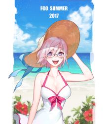 Rule 34 | 1girl, 2017, adjusting clothes, adjusting headwear, bare shoulders, blue bow, blush, bow, breasts, cleavage, cloud, cloudy sky, collarbone, day, dress, dress swimsuit, fate/grand order, fate (series), flower, hat, hat bow, hibiscus, horizon, light purple hair, looking at viewer, mash kyrielight, mash kyrielight (swimsuit of perpetual summer), medium breasts, ocean, official alternate costume, one-piece swimsuit, open mouth, outdoors, pink bow, purple eyes, sara (kurome1127), short hair, sky, smile, sun hat, swimsuit, upper body, white dress, white one-piece swimsuit