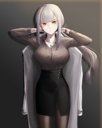 Rule 34 | 1girl, absurdres, black skirt, black survival, breasts, collarbone, dr. nadja, grey background, grey shirt, high-waist skirt, highres, jewelry, large breasts, long hair, pantyhose, pencil skirt, pendant, phoenix97, shirt, simple background, skirt, solo, taut clothes, taut shirt, watch, white hair, wristwatch, yellow eyes
