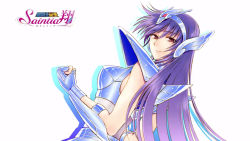 Rule 34 | 1girl, armor, boobplate, breastplate, brown eyes, clenched hand, copyright name, dutch angle, fingerless gloves, floating hair, from side, gauntlets, gloves, hair between eyes, hairband, long hair, looking at viewer, pauldrons, purple hair, saint seiya, saint seiya saintia sho, shoulder armor, simple background, sleeveless, solo, standing, very long hair, white background