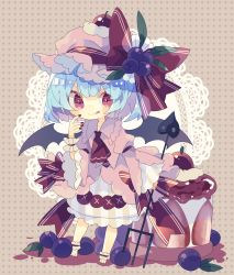Rule 34 | 1girl, :q, ankle cuffs, barefoot, bat wings, blue hair, blueberry, bow, brown background, cake, cherry, commentary request, dress, food, fruit, full body, hair between eyes, hand up, hat, hat bow, highres, holding, holding weapon, juliet sleeves, lace, laevatein, leaf, long sleeves, looking at viewer, mob cap, nail polish, nikorashi-ka, pink dress, pink hat, polearm, polka dot, polka dot background, puffy sleeves, red bow, red eyes, red nails, remilia scarlet, short hair, smile, solo, standing, striped, tongue, tongue out, touhou, trident, vertical stripes, weapon, wide sleeves, wings, wrist cuffs