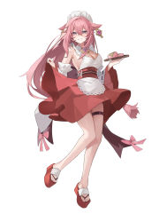Rule 34 | 1girl, absurdres, alternate costume, animal ears, apron, bare shoulders, blush, detached collar, earrings, enmaided, floppy ears, food, fox ears, full body, genshin impact, grin, hair between eyes, highres, holding, holding plate, invisible floor, jewelry, jira (0116), long hair, maid, maid apron, maid headdress, pink hair, plate, platform footwear, purple eyes, red footwear, red skirt, sash, simple background, skirt, smile, solo, standing, standing on one leg, tachi-e, thigh strap, thighs, tihghs, white background, yae miko