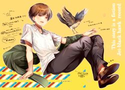 Rule 34 | 1boy, :d, absurdres, arm support, bird, black pants, blush, brown eyes, brown footwear, brown hair, casual, chi no, commentary request, crossed legs, dress shirt, eagle, english text, eyes visible through hair, green jacket, hair between eyes, highres, jacket, knees up, looking at viewer, off shoulder, open mouth, pants, shirt, short hair, simple background, sitting, smile, solo, summer pockets, takahara hairi, teeth, translation request, upper teeth only, white shirt, yellow background
