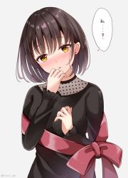 Rule 34 | 1girl, black dress, blush, bow, breasts, brown eyes, brown hair, commentary request, dress, grey background, hair between eyes, hands up, head tilt, long sleeves, nose blush, original, parted lips, red bow, red ribbon, ribbon, sakura hiyori, simple background, small breasts, solo, translation request, upper body