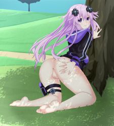 Rule 34 | 1girl, adult neptune, anus, arm support, ass, barefoot, blush, bottomless, dot nose, female focus, from behind, grass, hair ornament, holster, hood, hoodie, kneeling, legs apart, long hair, long sleeves, looking at viewer, looking back, nature, neptune (series), on grass, outdoors, parted lips, purple eyes, purple hair, pussy, santystuff, smile, soles, solo, spread anus, thigh holster, toes