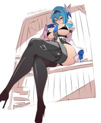Rule 34 | 1girl, absurdres, between breasts, bikini, blue hair, boots, breasts, crossed legs, detached sleeves, eula (genshin impact), expressionless, genshin impact, gloves, hair ornament, heels, highres, large breasts, looking down, nac000, necktie, necktie between breasts, perspective, short hair, sitting, sketch, swimsuit, thighs, yellow eyes