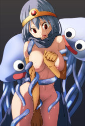 Rule 34 | 1girl, :d, :o, arm grab, bestiality, black background, blue hair, breast hold, breasts, breasts apart, cape, chunsoft, circlet, clenched hands, covering privates, covering crotch, cowboy shot, dragon quest, dragon quest iii, enix, gem, gloves, groin, hair between eyes, head tilt, healslime, imminent rape, interspecies, kemuri haku, large breasts, looking down, man o&#039; war (dragon quest), naked cape, nipples, nude, nude cover, open mouth, red eyes, restrained, sage (dq3), simple background, slime (dragon quest), slime (substance), smile, standing, surprised, sweat, tears, tentacles, wide hips
