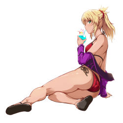 Rule 34 | 1girl, alternate costume, arm support, ass, bare shoulders, bikini, blonde hair, breasts, covered erect nipples, cup, drinking straw, fate/apocrypha, fate/grand order, fate (series), green eyes, jacket, looking at viewer, lying, medium breasts, midriff, mordred (fate), mordred (fate/apocrypha), mordred (swimsuit rider) (third ascension) (fate), on side, open clothes, open jacket, ponytail, purple jacket, red bikini, shiny skin, short ponytail, side-tie bikini bottom, solo, swimsuit, thighs, tokiwa mmm
