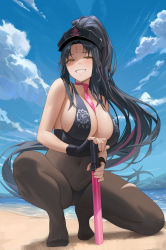 Rule 34 | 1girl, banned artist, bare shoulders, beach, bikini, black bikini, black gloves, black hair, black hat, blue sky, blush, breasts, cleavage, covered navel, facial mark, fate/grand order, fate (series), fingerless gloves, forehead mark, gloves, grin, halterneck, hat, hinaki (hinaki 0102), large breasts, long hair, looking at viewer, multicolored hair, necktie, pantyhose, parted bangs, pink hair, police hat, ponytail, sessyoin kiara, sessyoin kiara (swimsuit mooncancer), shore, sky, smile, solo, squatting, streaked hair, swimsuit, traffic baton, very long hair, yellow eyes
