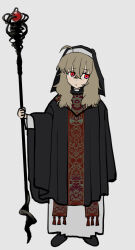 Rule 34 | 1girl, :&lt;, ahoge, brown hair, coif, flat color, full body, habit, holding, holding staff, jitome, looking to the side, nun, original, red eyes, simple background, solo, sqq, staff, standing, traditional nun, v-bangs