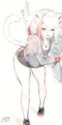 Rule 34 | 1girl, animal ear fluff, animal ears, arm hug, bell, black footwear, black shirt, black shorts, blue eyes, brown eyes, cat ears, cat girl, cat tail, chita (ketchup), commentary request, ear piercing, grey jacket, hair between eyes, heterochromia, highres, hood, hood down, hooded jacket, jacket, jingle bell, long sleeves, multicolored hair, original, out of frame, piercing, red hair, shirt, shoes, short shorts, shorts, signature, silver hair, sleeves past wrists, solo focus, standing, streaked hair, tail, tail raised, translation request, white background
