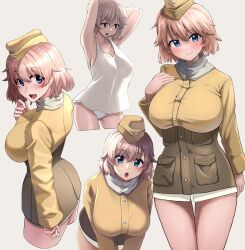 1girl blonde_hair blue_eyes blush breasts hat highres large_breasts liar_lawyer looking_at_viewer military military_hat military_uniform open_mouth panties raisa_pottgen shirt short_hair simple_background smile strike_witches underwear white_background white_shirt world_witches_series