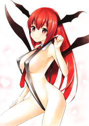 Rule 34 | 1girl, bat wings, between breasts, blush, breasts, clothes pull, commentary request, cowboy shot, detached collar, head wings, heart, koakuma, large breasts, long hair, looking at viewer, marker (medium), necktie, necktie between breasts, one-piece swimsuit pull, pulled by self, red eyes, red hair, red necktie, sideboob, simple background, slingshot swimsuit, smile, solo, swimsuit, tosssy, touhou, traditional media, very long hair, white background, wings