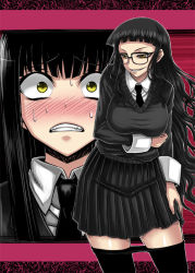 Rule 34 | 1boy, 1girl, bad id, bad pixiv id, black hair, blunt bangs, blush, breasts, buchou (houkago play), clothes pull, female protagonist (houkago play), glasses, houkago play, large breasts, long hair, minarai, necktie, pantyhose, pantyhose pull, scared, skirt, sweat, sweater, yellow eyes