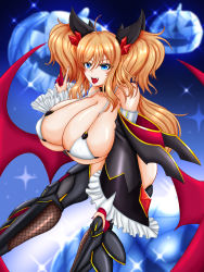 Rule 34 | 1girl, alternate costume, artist request, ass, bare shoulders, blonde hair, blue eyes, boots, breasts, curvy, demon girl, fake wings, fang, fingerless gloves, gloves, halloween costume, highleg, highleg leotard, highres, huge breasts, leotard, looking at viewer, onizaki kirara, pumpkin, revealing clothes, shiny skin, sky, smile, solo, taimanin (series), taimanin rpgx, twintails, wings