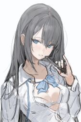 Rule 34 | 1girl, absurdres, black hair, blue bow, bow, bra, breasts, collared shirt, freng, hair between eyes, highres, holding, long hair, long sleeves, looking at viewer, open clothes, open mouth, shirt, simple background, sketch, sleeves past wrists, small breasts, solo, underwear, white background, white shirt