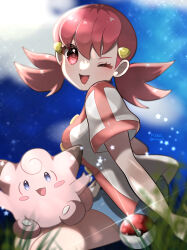 Rule 34 | 2girls, absurdres, breasts, clefairy, creatures (company), game freak, gen 1 pokemon, hair ornament, hairclip, happy, highres, kurumiya (krmy p), long hair, looking at viewer, low twintails, medium breasts, multiple girls, nintendo, one eye closed, open mouth, pink eyes, pink hair, poke ball, pokemon, pokemon hgss, short shorts, short sleeves, shorts, sky, twintails, whitney (pokemon), wink