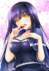 Rule 34 | 1girl, 2022, black choker, black dress, black hair, black hairband, blue capelet, blush, bone hair ornament, breasts, capelet, cherry blossoms, chibinon, choker, cleavage cutout, clothing cutout, collar, collarbone, commentary request, cowboy shot, dated commentary, day, dress, eyelashes, eyes visible through hair, food, frilled capelet, frilled collar, frills, fruit, hair between eyes, hair ornament, hairband, hands up, highres, holding, holding food, holding fruit, kushima kamome, large breasts, long hair, looking at viewer, medium breasts, open mouth, outdoors, sidelocks, simple background, skull and crossbones, skull hair ornament, smile, solo, standing, straight hair, strawberry, summer pockets, tongue, very long hair, white background, yellow eyes