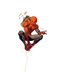Rule 34 | 1boy, \m/, backpack, bag, dan mora, floating, flying paper, looking ahead, male focus, marvel, paper, papers, silk, solo, spider-man, spider-man (series), spider web, spider web print, squinting, superhero costume, white background, white eyes